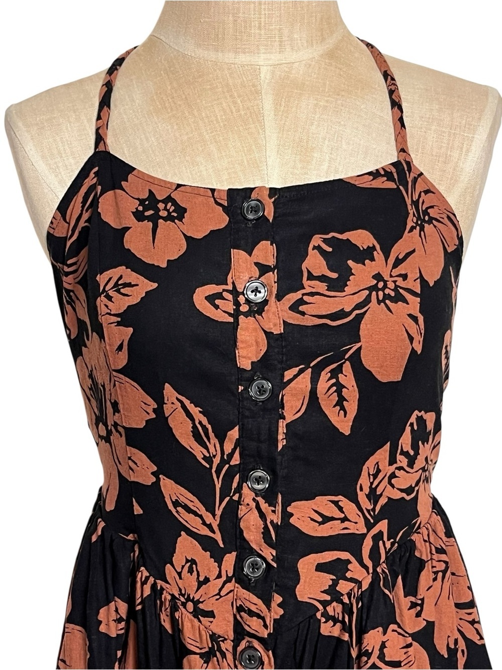 Free People The Perfect Sundress Black Linen Blend Button Front Halter — Size S - Picture 4 of 12